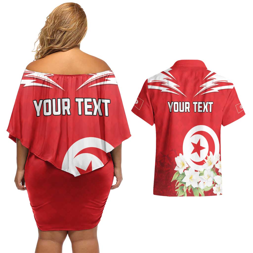 Personalized Tunisia Couples Matching Off Shoulder Short Dress and Hawaiian Shirt Jasmine Flower and Emblem - Wonder Print Shop