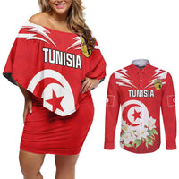 Personalized Tunisia Couples Matching Off Shoulder Short Dress and Long Sleeve Button Shirt Jasmine Flower and Emblem - Wonder Print Shop