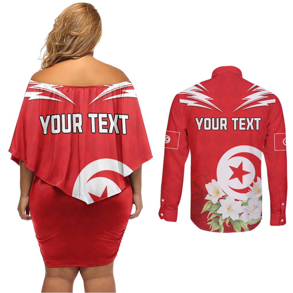 Personalized Tunisia Couples Matching Off Shoulder Short Dress and Long Sleeve Button Shirt Jasmine Flower and Emblem - Wonder Print Shop