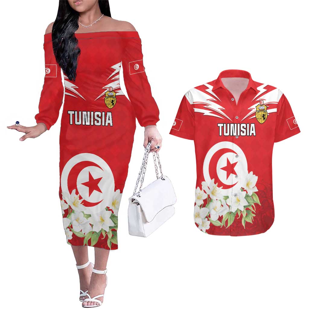 Personalized Tunisia Couples Matching Off The Shoulder Long Sleeve Dress and Hawaiian Shirt Jasmine Flower and Emblem - Wonder Print Shop