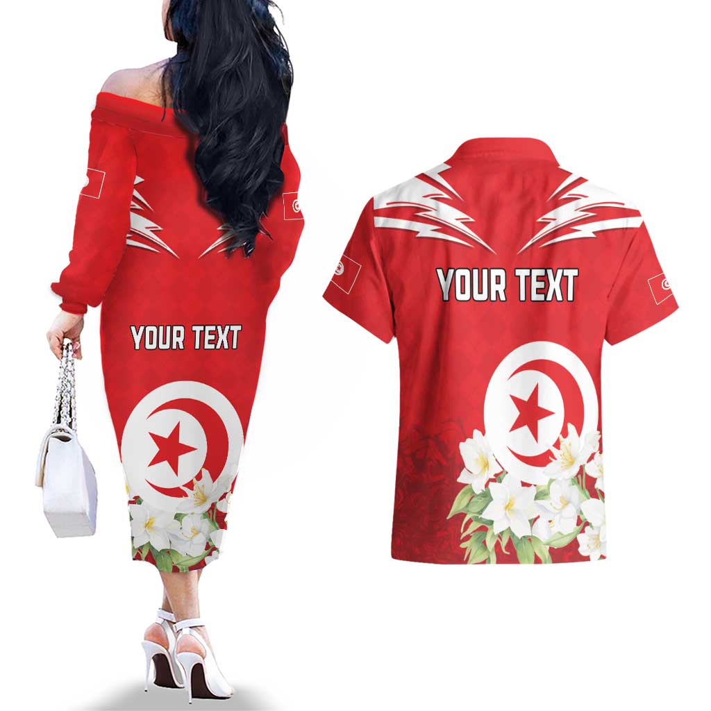 Personalized Tunisia Couples Matching Off The Shoulder Long Sleeve Dress and Hawaiian Shirt Jasmine Flower and Emblem - Wonder Print Shop