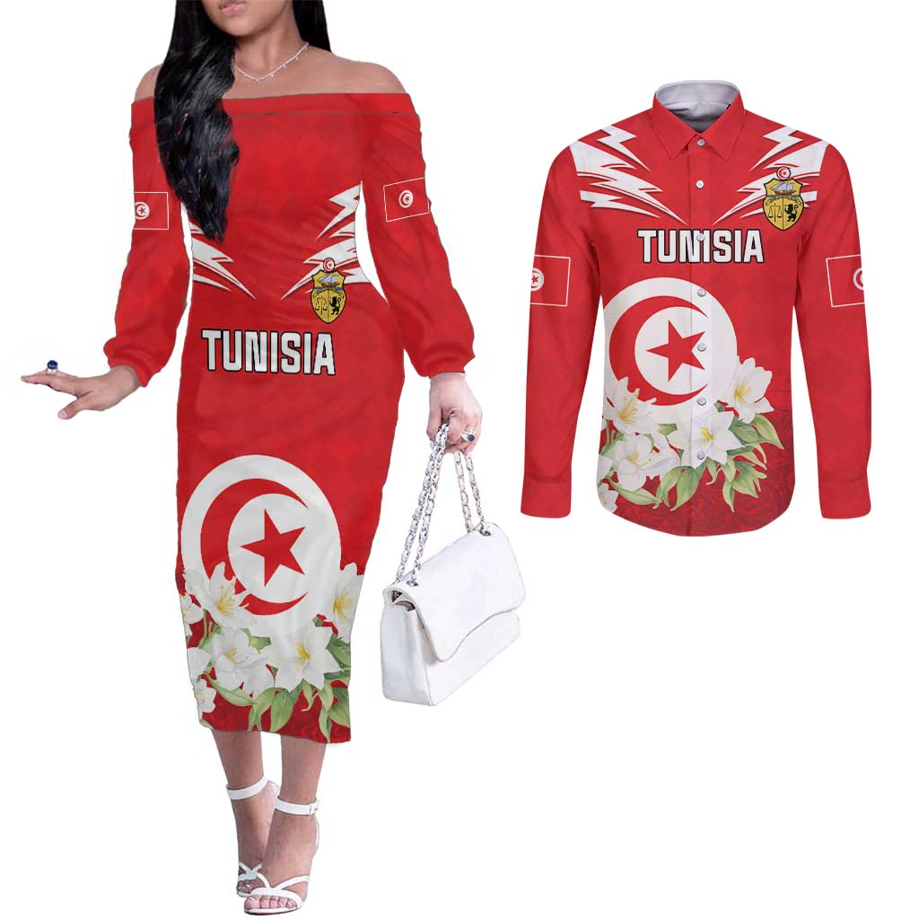 Personalized Tunisia Couples Matching Off The Shoulder Long Sleeve Dress and Long Sleeve Button Shirt Jasmine Flower and Emblem