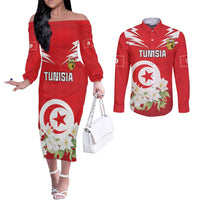 Personalized Tunisia Couples Matching Off The Shoulder Long Sleeve Dress and Long Sleeve Button Shirt Jasmine Flower and Emblem