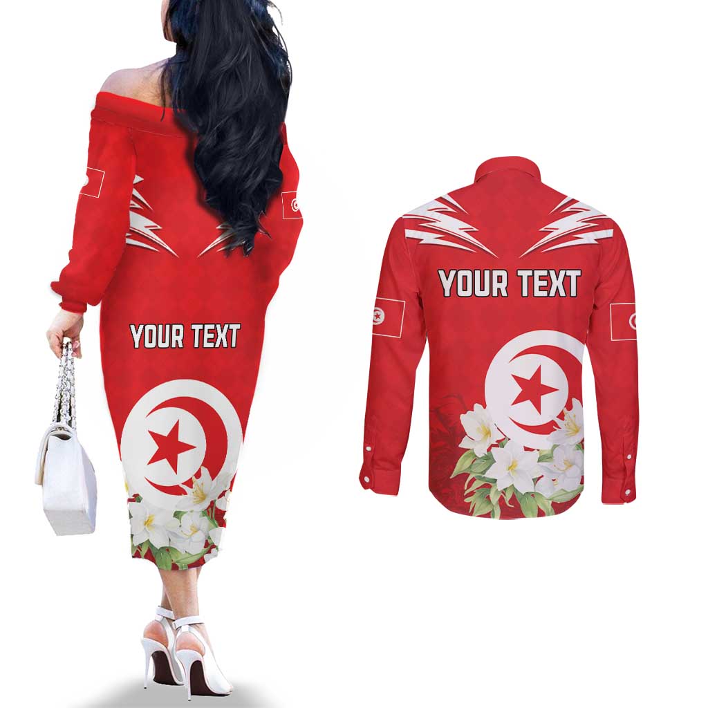 Personalized Tunisia Couples Matching Off The Shoulder Long Sleeve Dress and Long Sleeve Button Shirt Jasmine Flower and Emblem