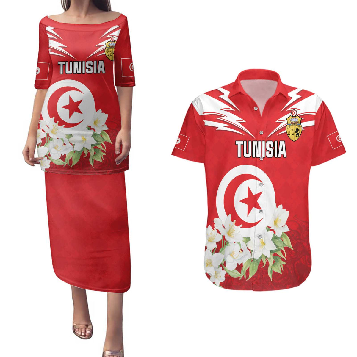 Personalized Tunisia Couples Matching Puletasi and Hawaiian Shirt Jasmine Flower and Emblem - Wonder Print Shop