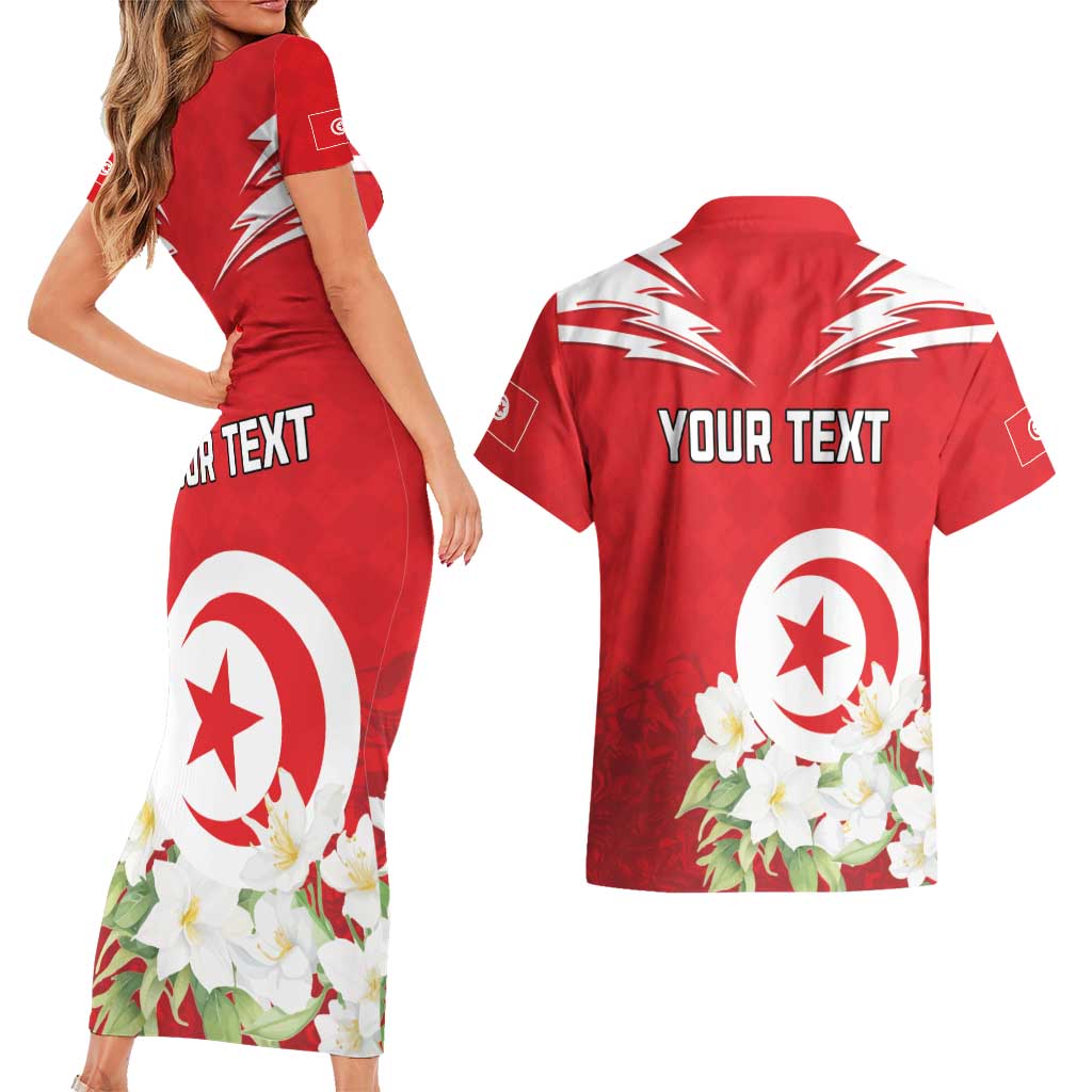 Personalized Tunisia Couples Matching Short Sleeve Bodycon Dress and Hawaiian Shirt Jasmine Flower and Emblem - Wonder Print Shop