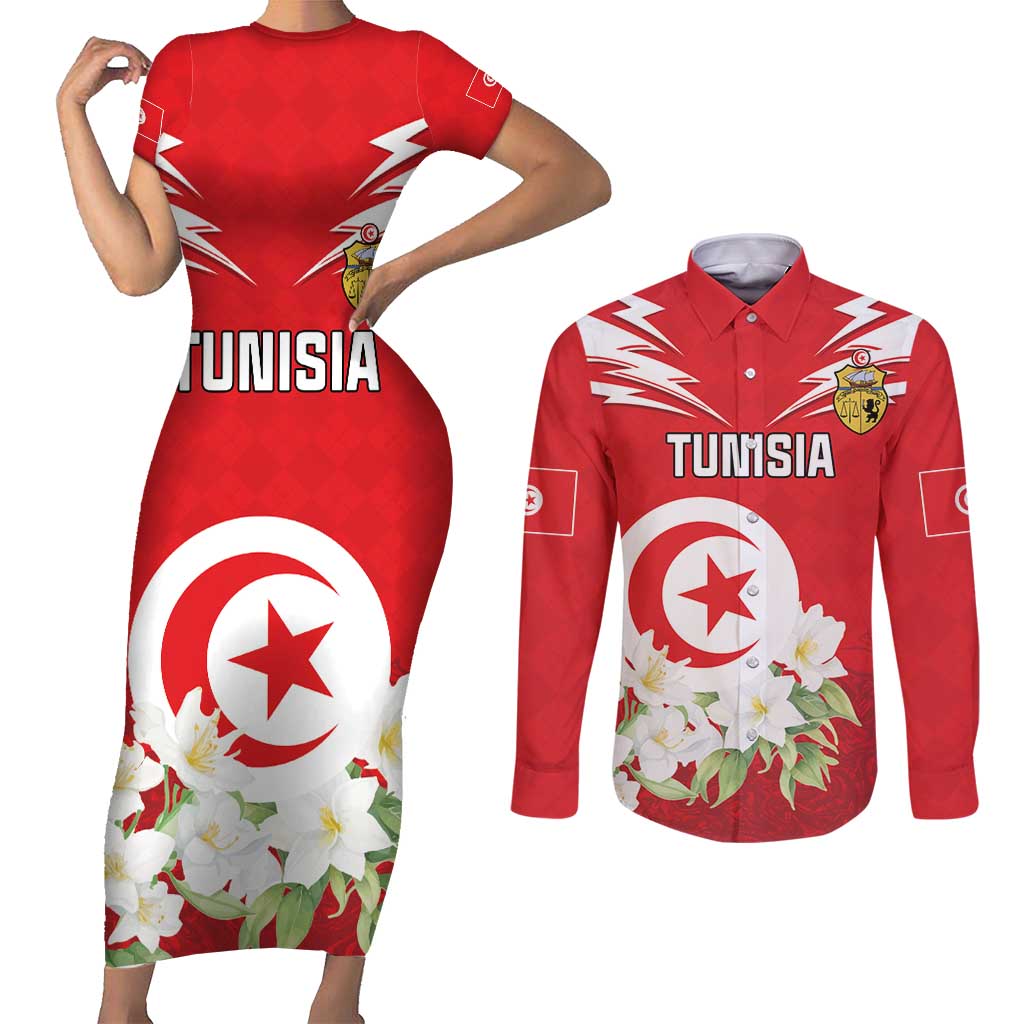 Personalized Tunisia Couples Matching Short Sleeve Bodycon Dress and Long Sleeve Button Shirt Jasmine Flower and Emblem - Wonder Print Shop