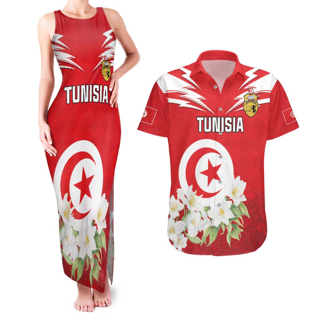 Personalized Tunisia Couples Matching Tank Maxi Dress and Hawaiian Shirt Jasmine Flower and Emblem - Wonder Print Shop