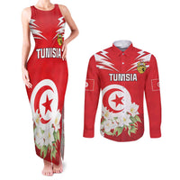 Personalized Tunisia Couples Matching Tank Maxi Dress and Long Sleeve Button Shirt Jasmine Flower and Emblem - Wonder Print Shop
