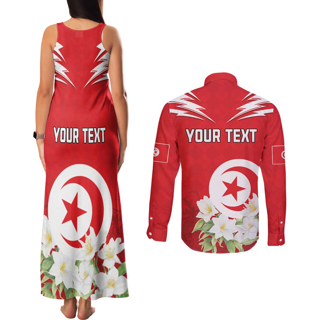 Personalized Tunisia Couples Matching Tank Maxi Dress and Long Sleeve Button Shirt Jasmine Flower and Emblem - Wonder Print Shop