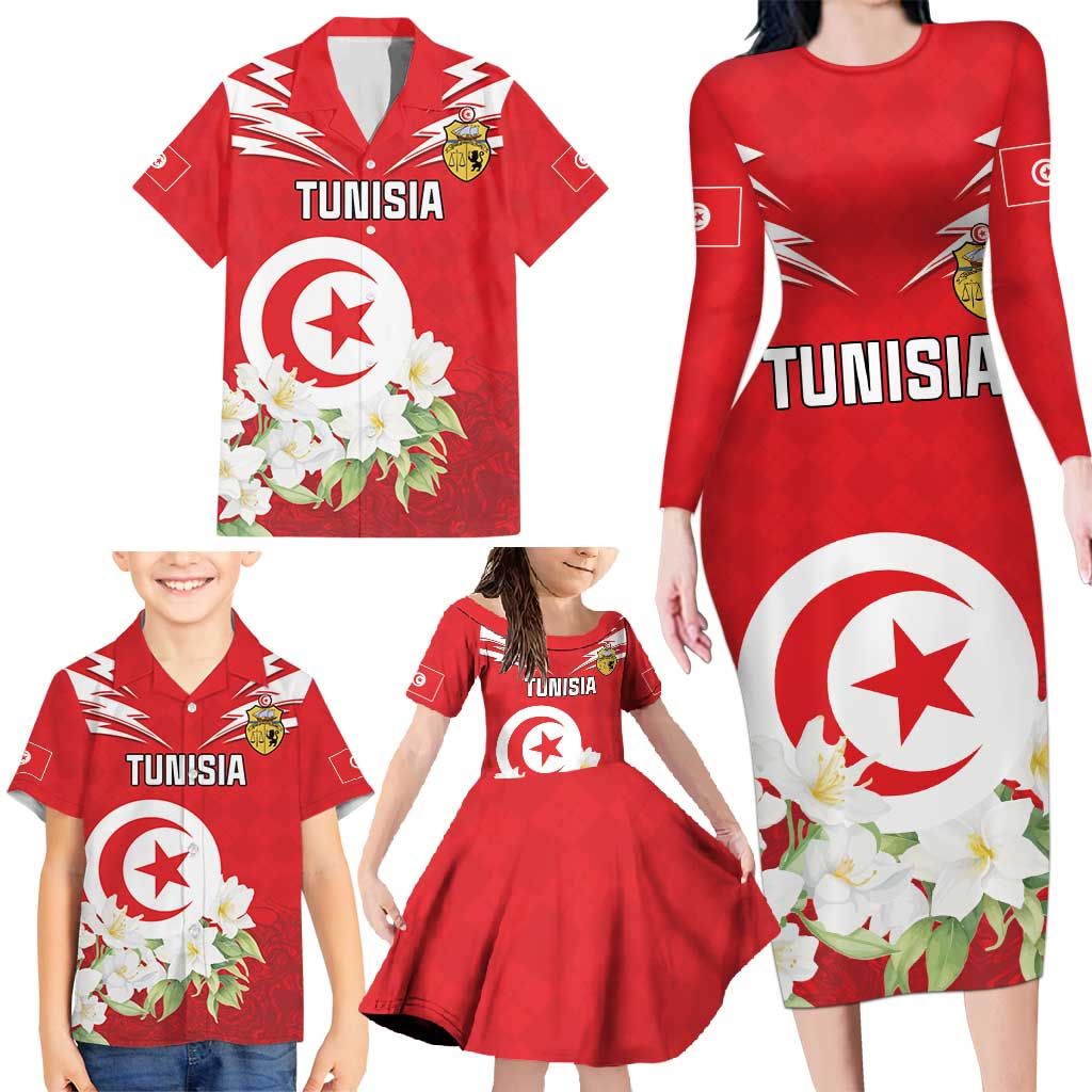 Personalized Tunisia Family Matching Long Sleeve Bodycon Dress and Hawaiian Shirt Jasmine Flower and Emblem - Wonder Print Shop