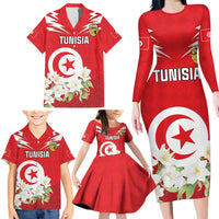 Personalized Tunisia Family Matching Long Sleeve Bodycon Dress and Hawaiian Shirt Jasmine Flower and Emblem - Wonder Print Shop