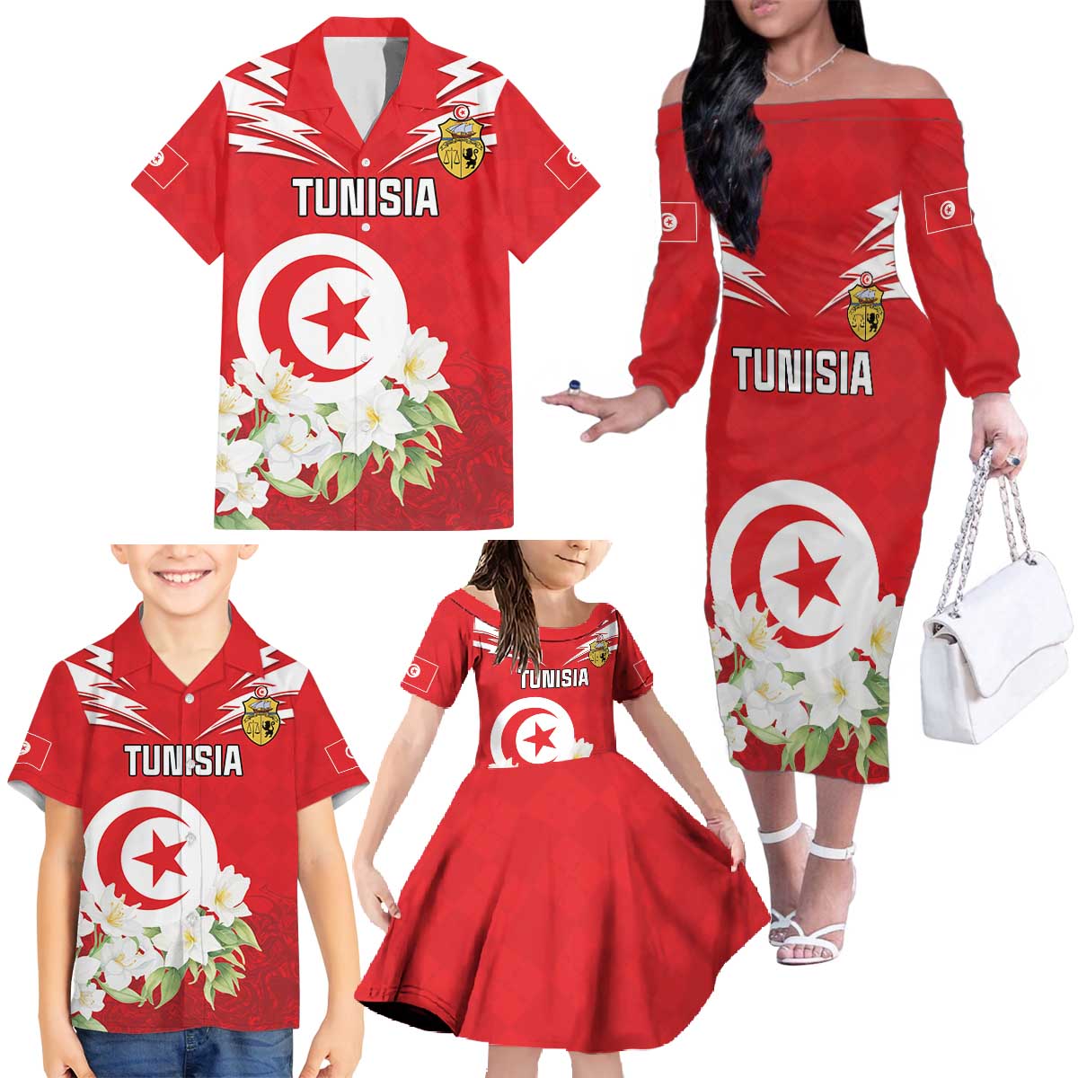 Personalized Tunisia Family Matching Off The Shoulder Long Sleeve Dress and Hawaiian Shirt Jasmine Flower and Emblem - Wonder Print Shop