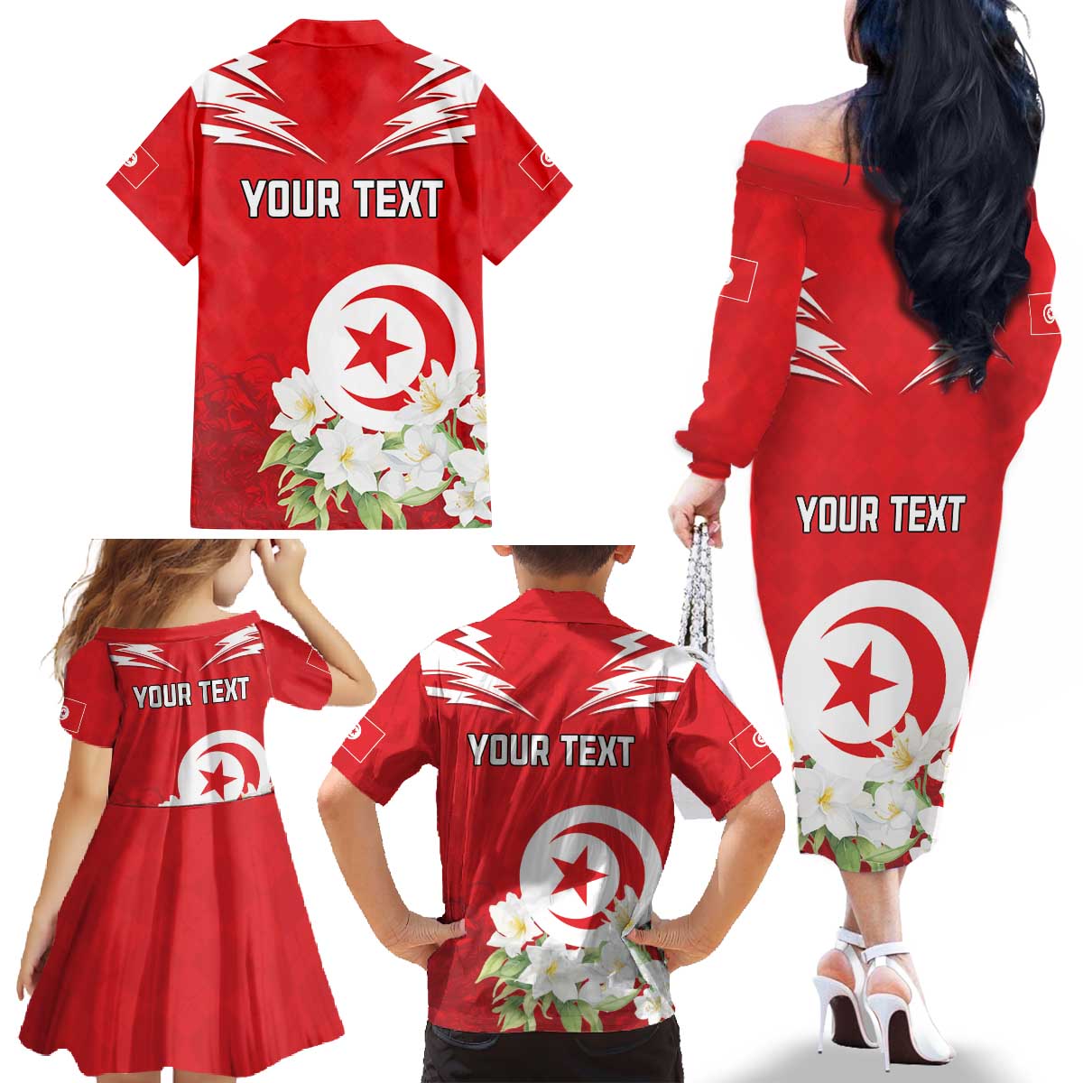 Personalized Tunisia Family Matching Off The Shoulder Long Sleeve Dress and Hawaiian Shirt Jasmine Flower and Emblem - Wonder Print Shop