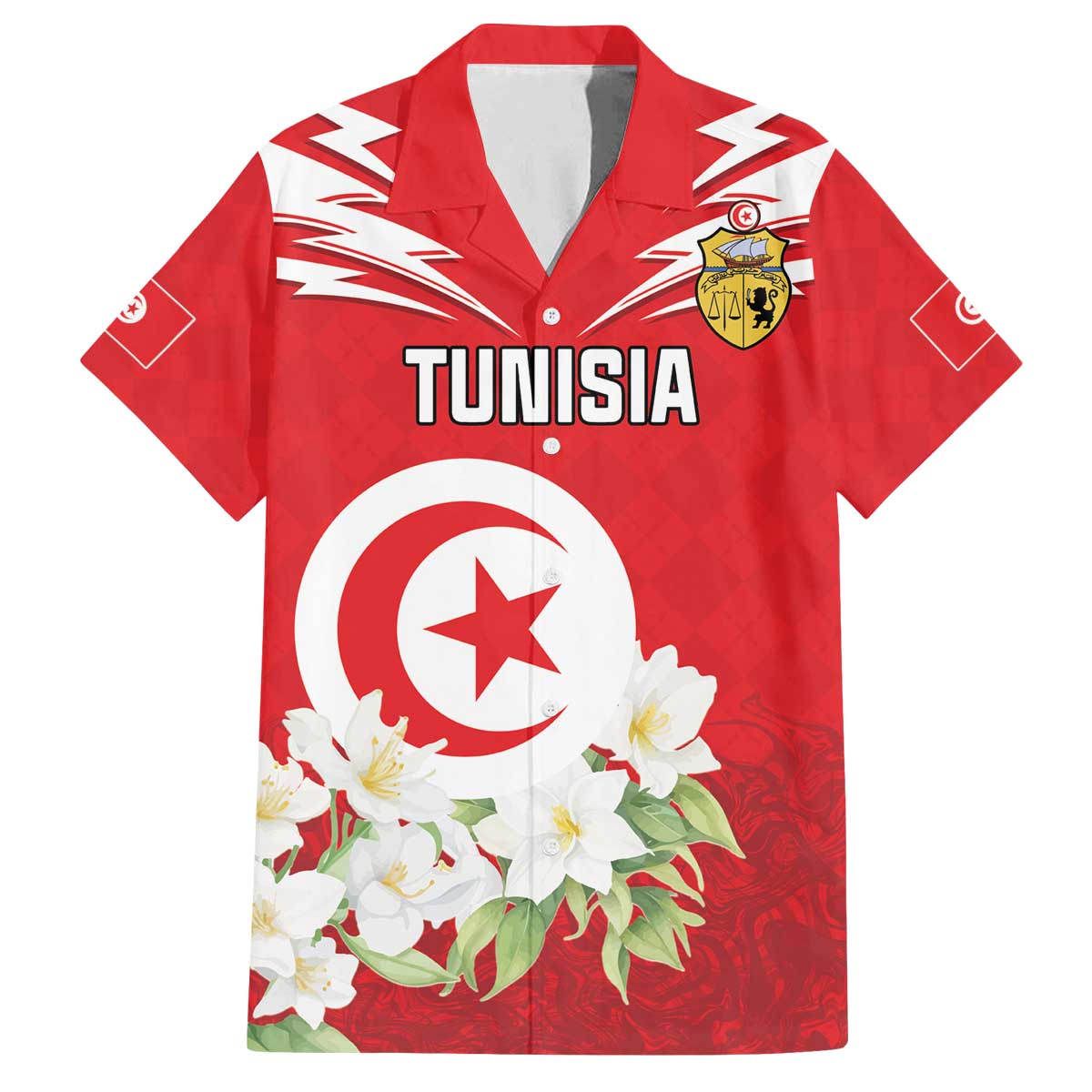 Personalized Tunisia Family Matching Off The Shoulder Long Sleeve Dress and Hawaiian Shirt Jasmine Flower and Emblem - Wonder Print Shop