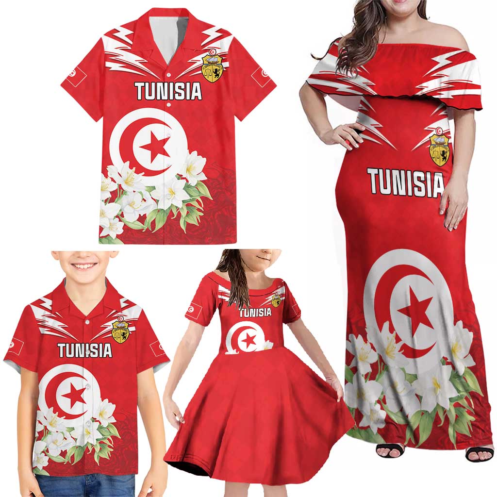 Personalized Tunisia Family Matching Off Shoulder Maxi Dress and Hawaiian Shirt Jasmine Flower and Emblem - Wonder Print Shop