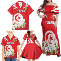 Personalized Tunisia Family Matching Off Shoulder Maxi Dress and Hawaiian Shirt Jasmine Flower and Emblem - Wonder Print Shop