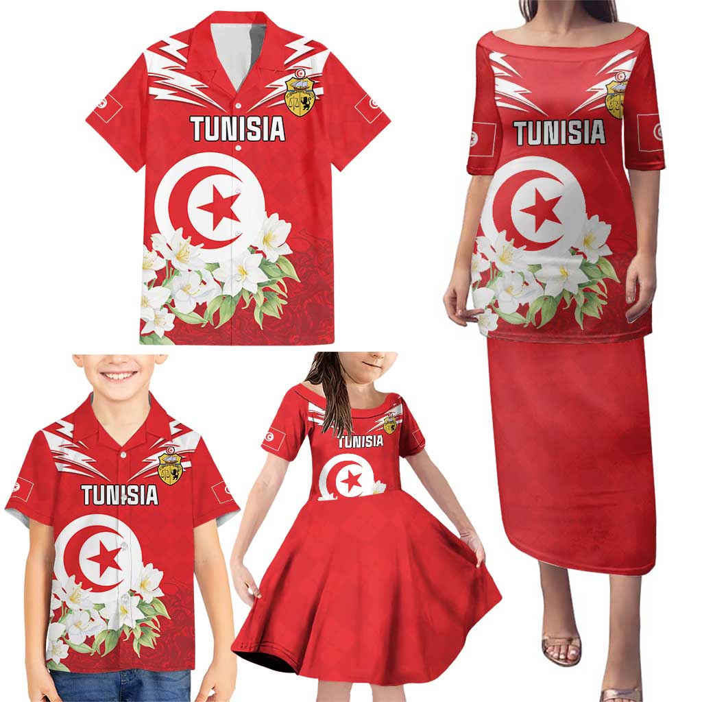 Personalized Tunisia Family Matching Puletasi and Hawaiian Shirt Jasmine Flower and Emblem - Wonder Print Shop