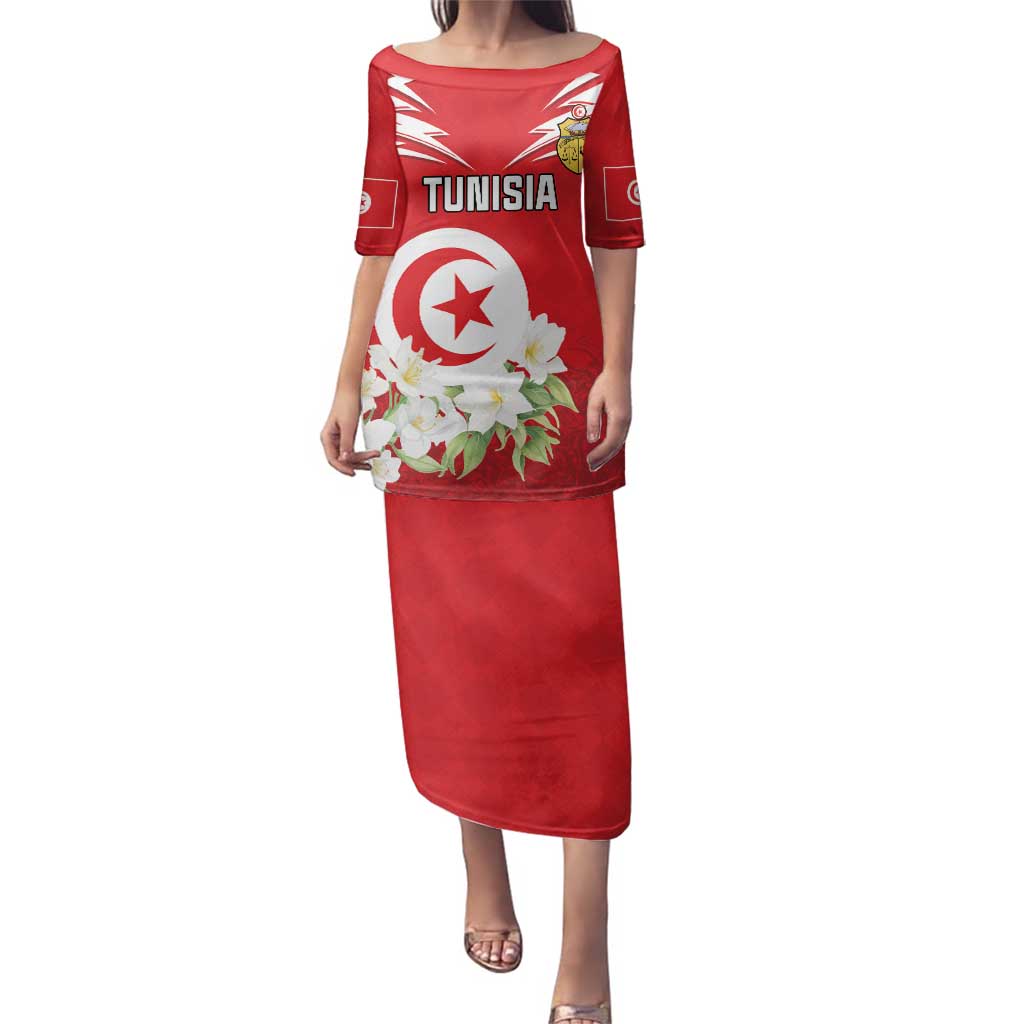 Personalized Tunisia Family Matching Puletasi and Hawaiian Shirt Jasmine Flower and Emblem - Wonder Print Shop