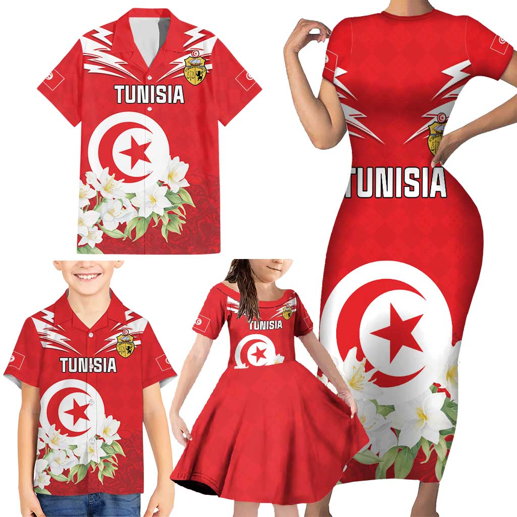 Personalized Tunisia Family Matching Short Sleeve Bodycon Dress and Hawaiian Shirt Jasmine Flower and Emblem - Wonder Print Shop