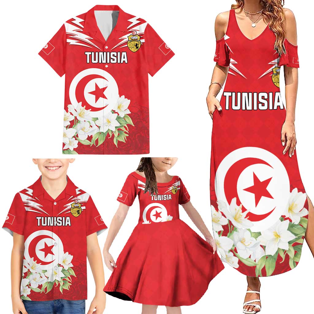 Personalized Tunisia Family Matching Summer Maxi Dress and Hawaiian Shirt Jasmine Flower and Emblem - Wonder Print Shop