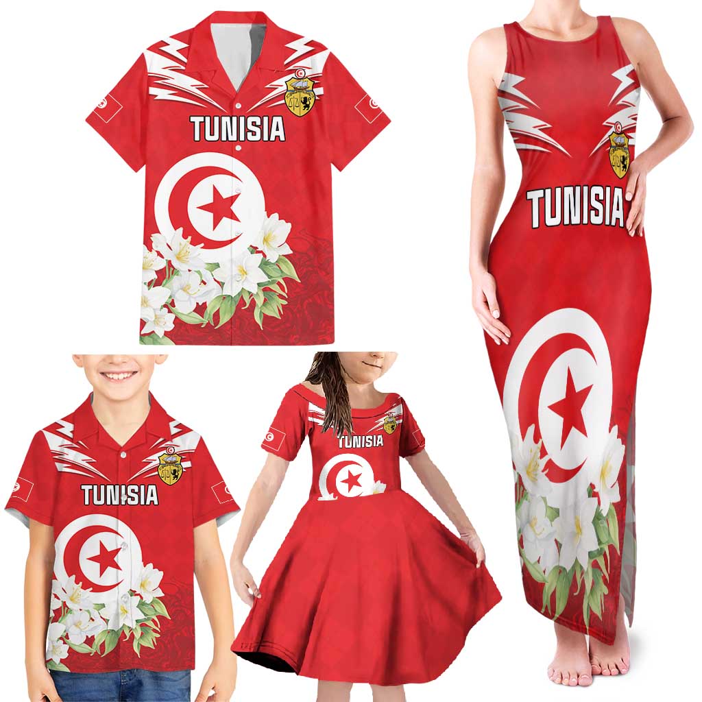 Personalized Tunisia Family Matching Tank Maxi Dress and Hawaiian Shirt Jasmine Flower and Emblem - Wonder Print Shop