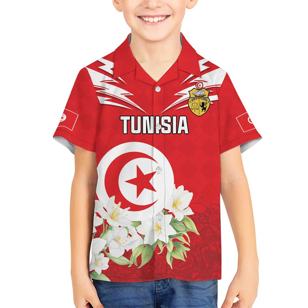 Personalized Tunisia Kid Hawaiian Shirt Jasmine Flower and Emblem - Wonder Print Shop