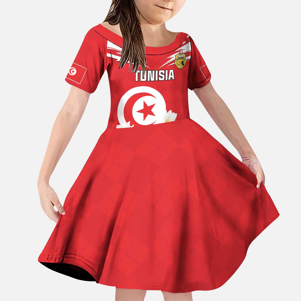 Personalized Tunisia Kid Short Sleeve Dress Jasmine Flower and Emblem - Wonder Print Shop
