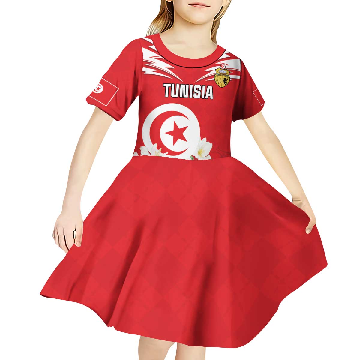 Personalized Tunisia Kid Short Sleeve Dress Jasmine Flower and Emblem - Wonder Print Shop