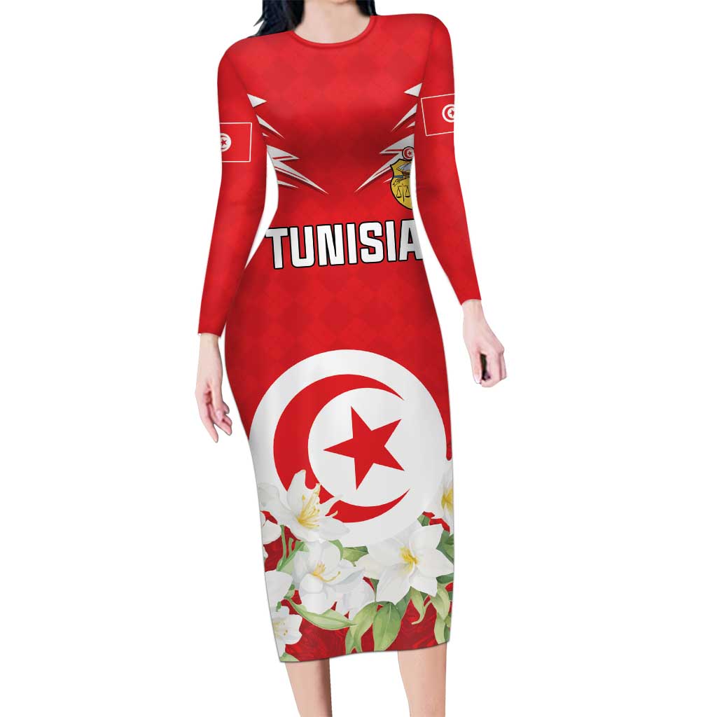 Personalized Tunisia Long Sleeve Bodycon Dress Jasmine Flower and Emblem - Wonder Print Shop