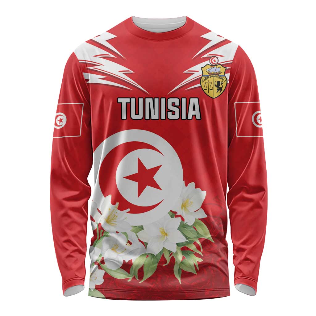 Personalized Tunisia Long Sleeve Shirt Jasmine Flower and Emblem - Wonder Print Shop