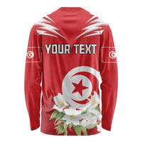 Personalized Tunisia Long Sleeve Shirt Jasmine Flower and Emblem - Wonder Print Shop