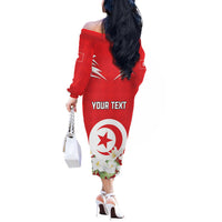 Personalized Tunisia Off The Shoulder Long Sleeve Dress Jasmine Flower and Emblem - Wonder Print Shop