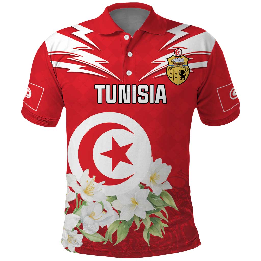 Personalized Tunisia Polo Shirt Jasmine Flower and Emblem - Wonder Print Shop