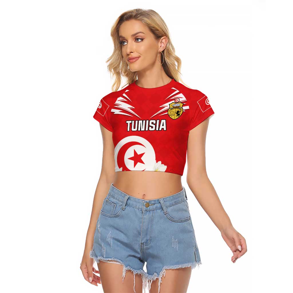 Personalized Tunisia Raglan Cropped T Shirt Jasmine Flower and Emblem - Wonder Print Shop