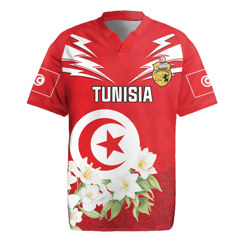 Personalized Tunisia Rugby Jersey Jasmine Flower and Emblem - Wonder Print Shop