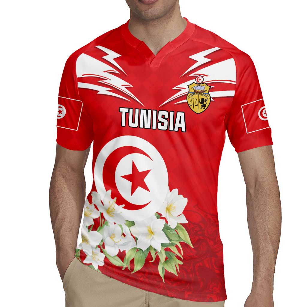 Personalized Tunisia Rugby Jersey Jasmine Flower and Emblem - Wonder Print Shop