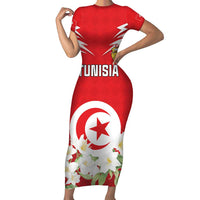 Personalized Tunisia Short Sleeve Bodycon Dress Jasmine Flower and Emblem - Wonder Print Shop