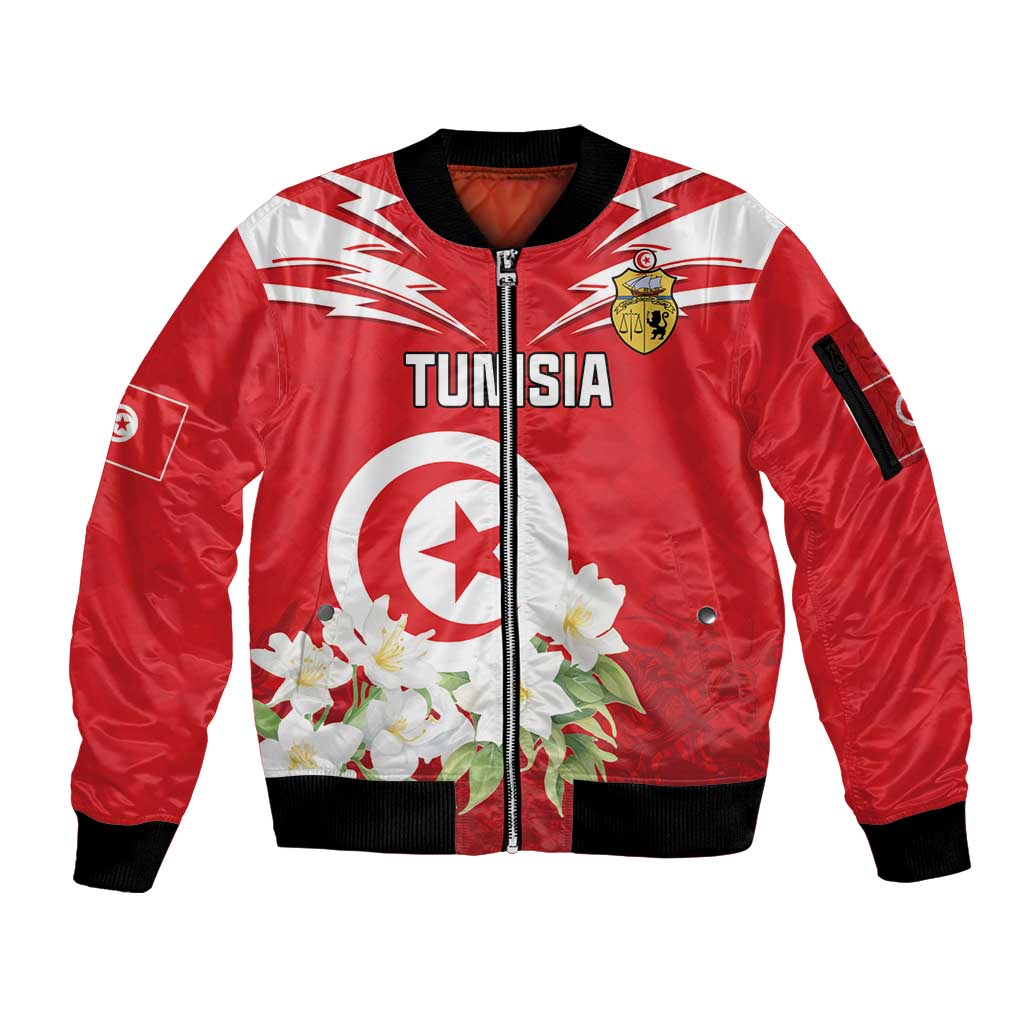 Personalized Tunisia Sleeve Zip Bomber Jacket Jasmine Flower and Emblem - Wonder Print Shop