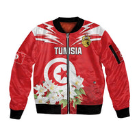 Personalized Tunisia Sleeve Zip Bomber Jacket Jasmine Flower and Emblem - Wonder Print Shop