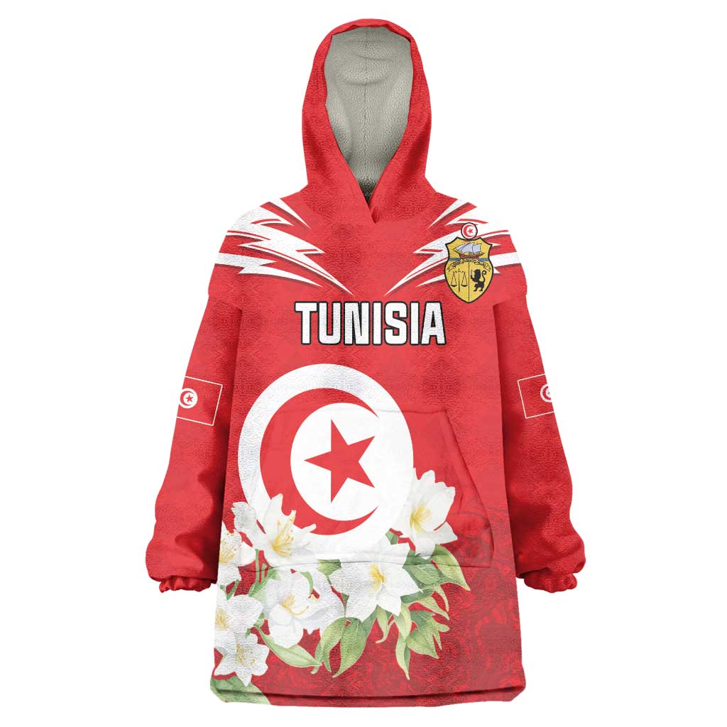 Personalized Tunisia Wearable Blanket Hoodie Jasmine Flower and Emblem - Wonder Print Shop