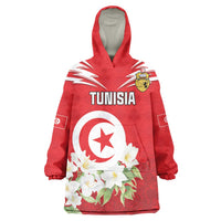 Personalized Tunisia Wearable Blanket Hoodie Jasmine Flower and Emblem - Wonder Print Shop