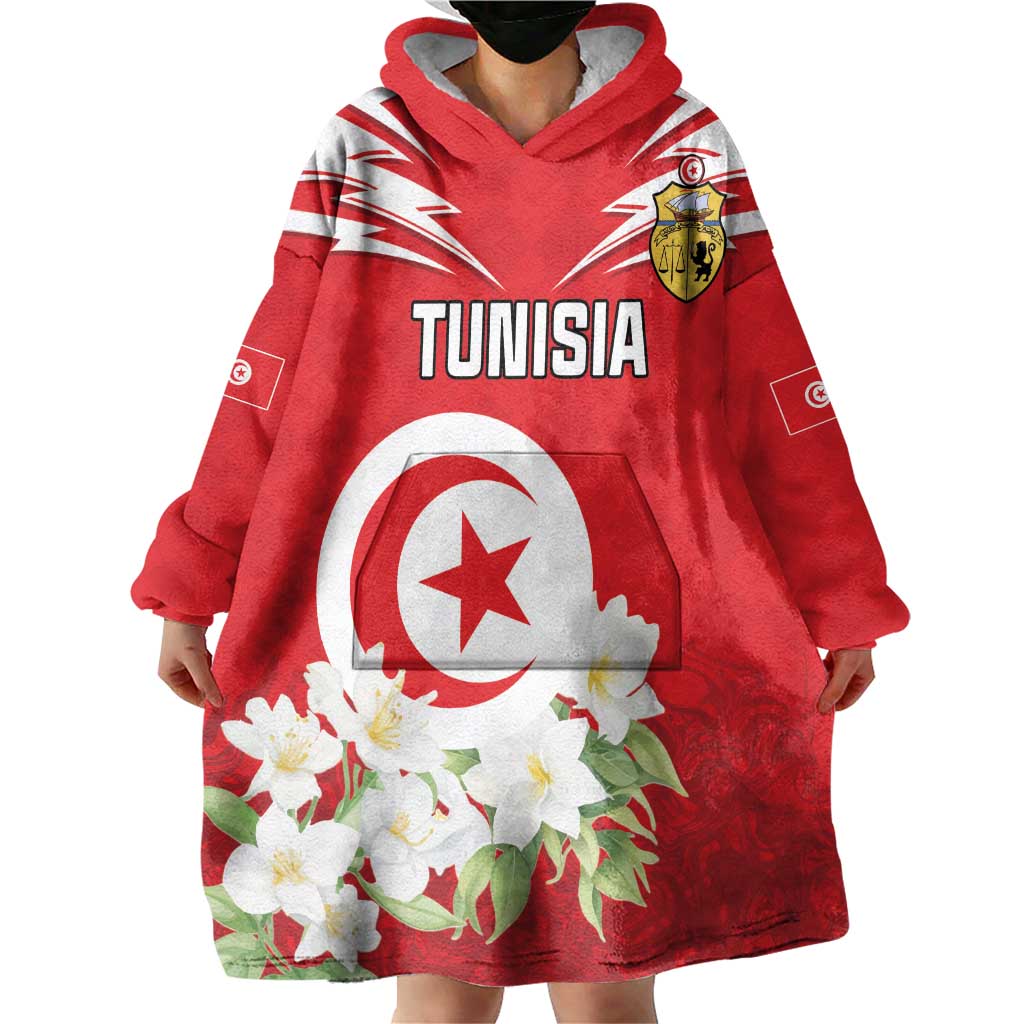 Personalized Tunisia Wearable Blanket Hoodie Jasmine Flower and Emblem - Wonder Print Shop