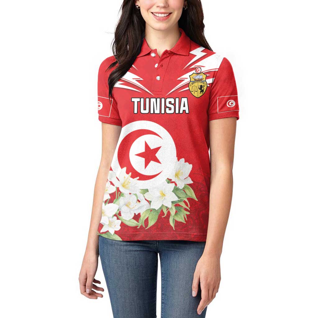 Personalized Tunisia Women Polo Shirt Jasmine Flower and Emblem - Wonder Print Shop
