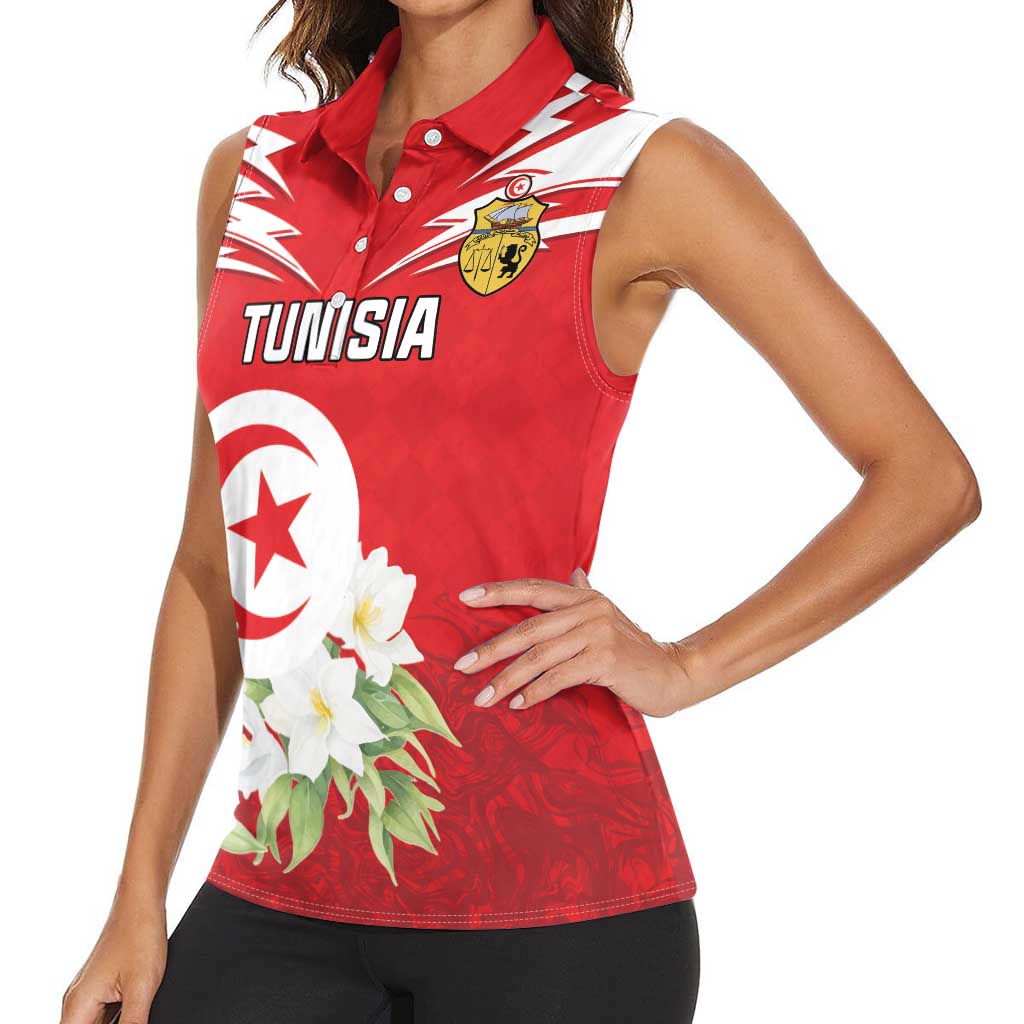 Personalized Tunisia Women Sleeveless Polo Shirt Jasmine Flower and Emblem - Wonder Print Shop