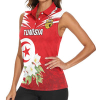 Personalized Tunisia Women Sleeveless Polo Shirt Jasmine Flower and Emblem - Wonder Print Shop