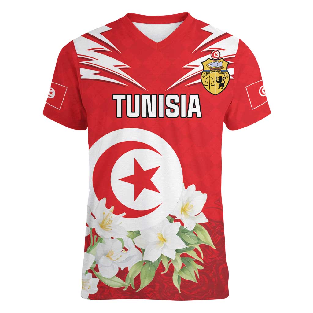 Personalized Tunisia Women V-Neck T-Shirt Jasmine Flower and Emblem - Wonder Print Shop