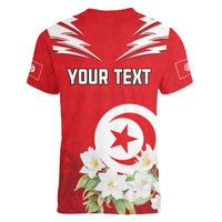 Personalized Tunisia Women V-Neck T-Shirt Jasmine Flower and Emblem - Wonder Print Shop