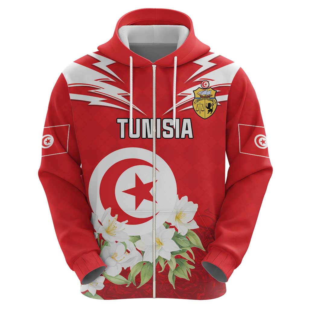 Personalized Tunisia Zip Hoodie Jasmine Flower and Emblem - Wonder Print Shop