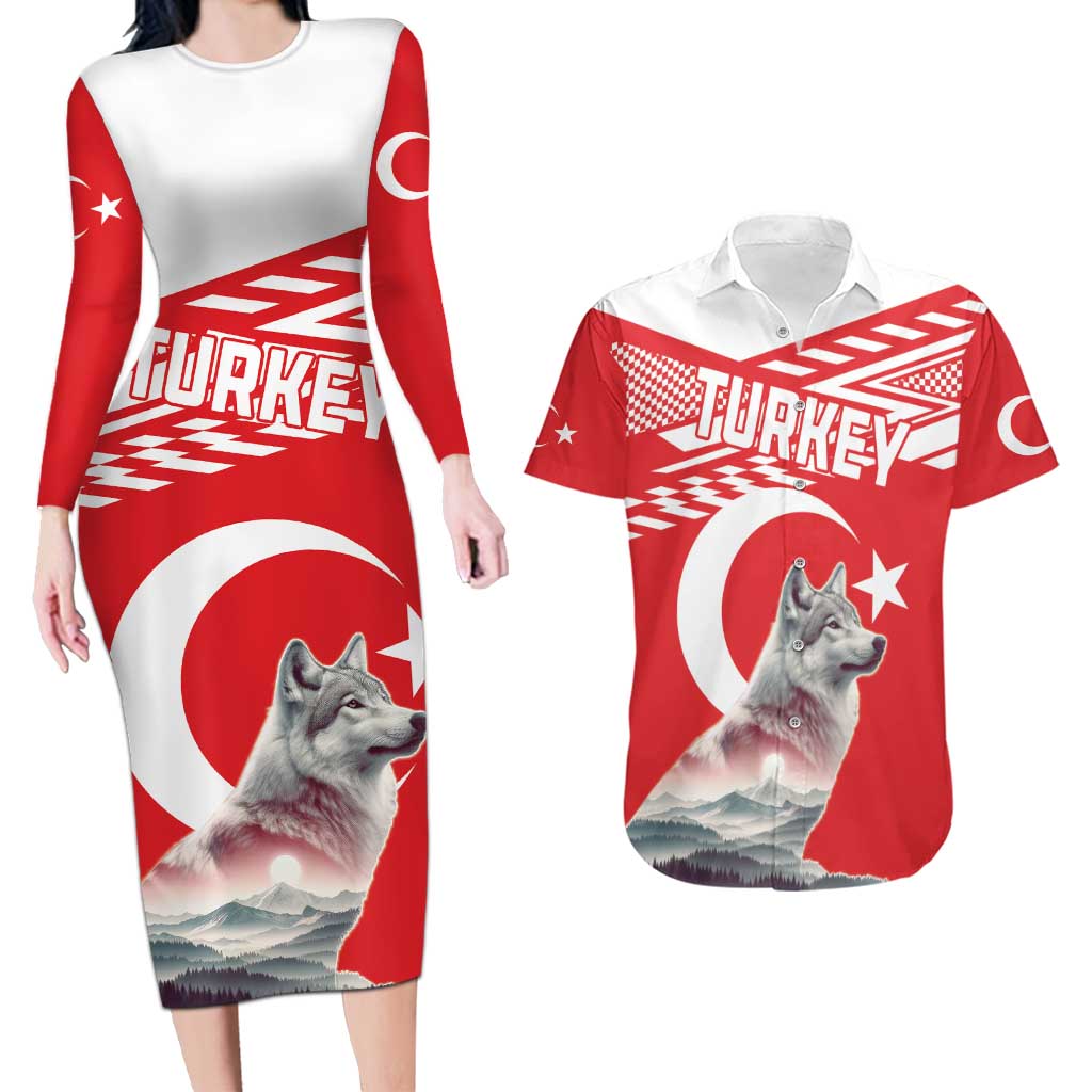 Personalized Gray Wolf Turkey Couples Matching Long Sleeve Bodycon Dress and Hawaiian Shirt Turkish Mountain - Wonder Print Shop